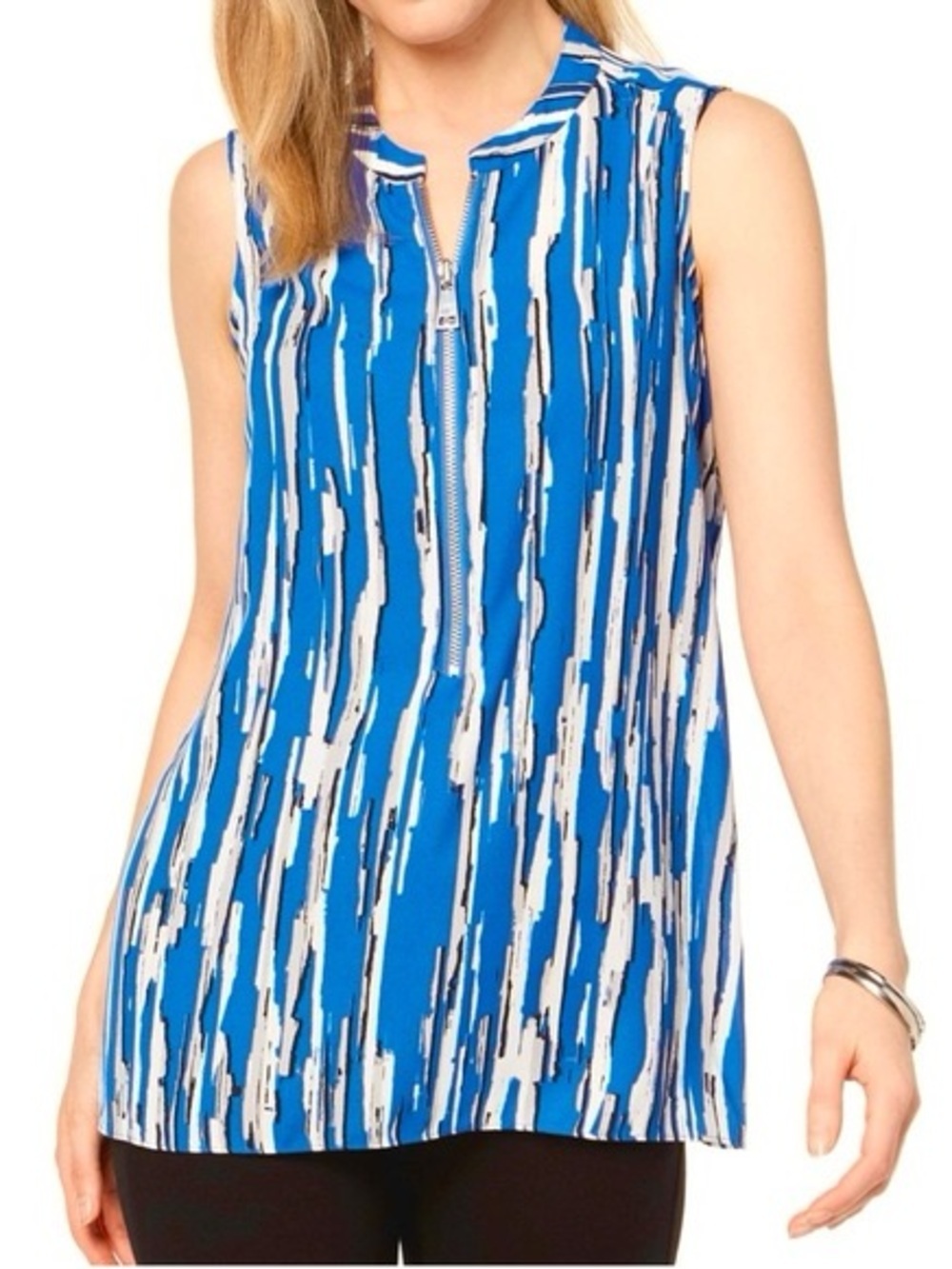 Alfani Blue and White Printed Zip-Front Top